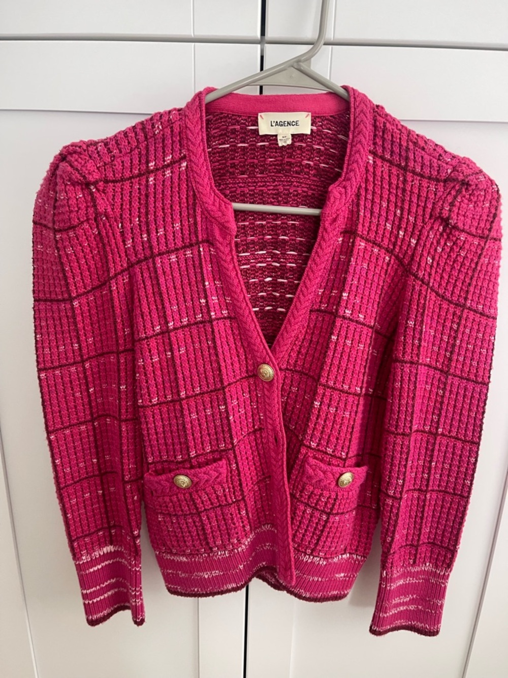 L'AGENCE Pink Tweed-Style Knit Cardigan small with gold buttons